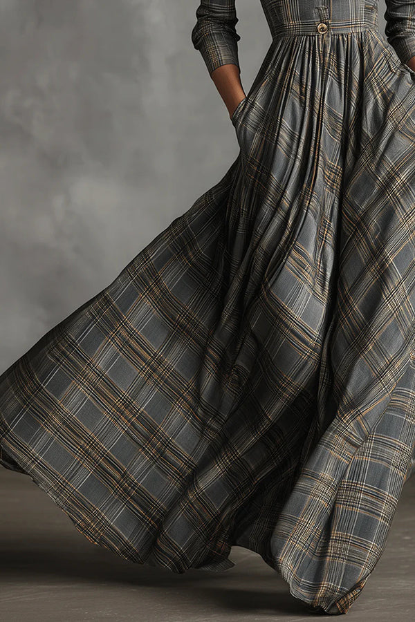 Retro Plaid Print Long-sleeved Shirt Style Casual Maxi Dress