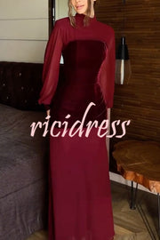 Hildie Chiffon and Two-piece Velvet Lace-up Bra High Neck Long Sleeve Maxi Dress