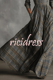 Plaid Print Long Sleeve Slim Fit Casual Pocket Maxi Dress
