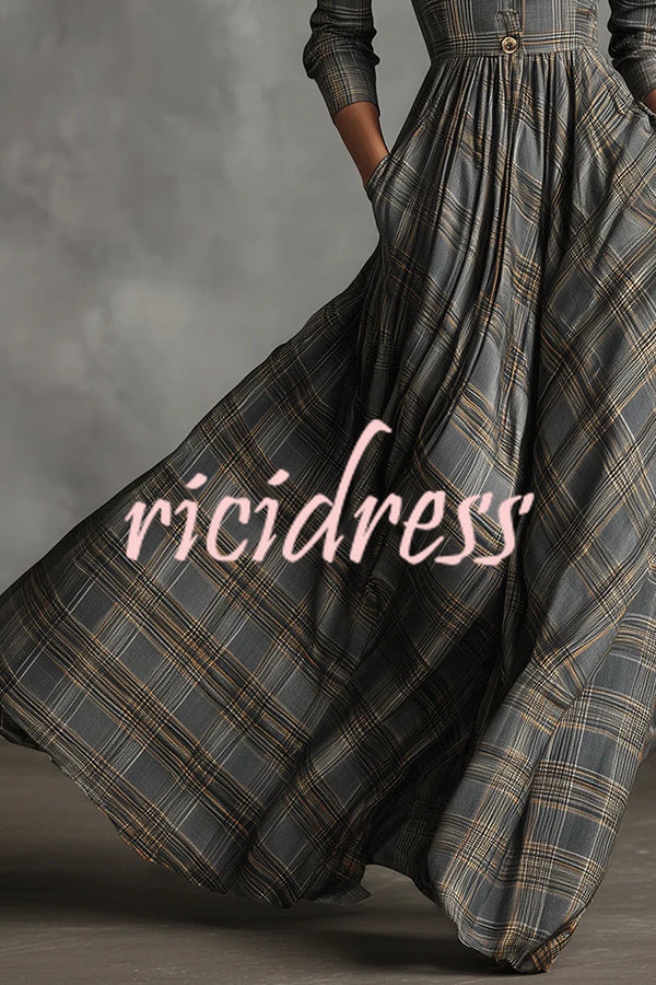 Plaid Print Long Sleeve Slim Fit Casual Pocket Maxi Dress