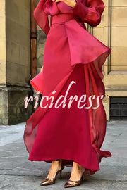 Lily Chiffon Bow Detail Puff Sleeve Blouse and Elegant Layered Maxi Skirt Set