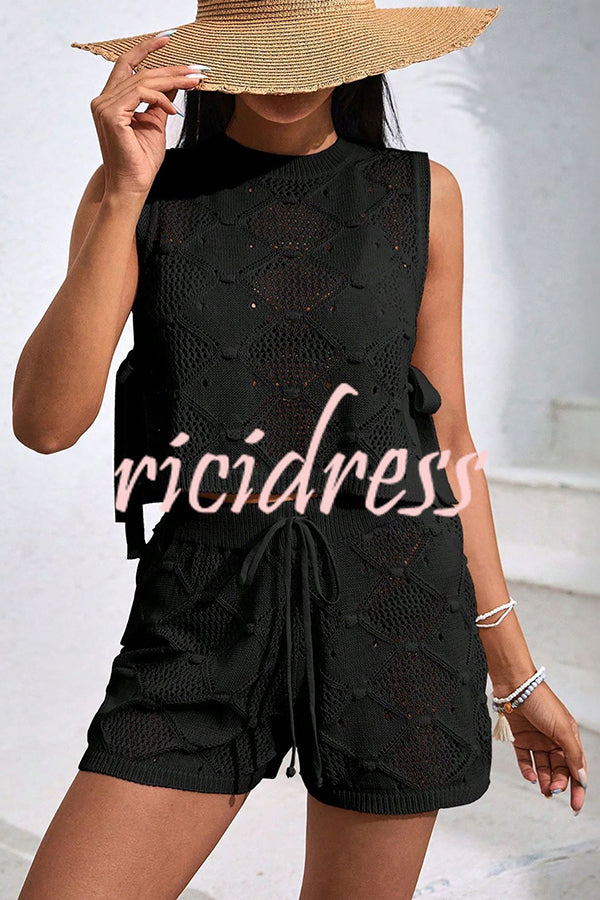 Solid Color Sleeveless Tie Knitted Vest and Loose Elastic Waist Drawstring Shorts Set