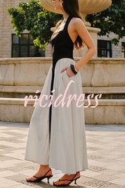 Fashion Contrast Color Stitching Sleeveless Backless Slim Maxi Dress