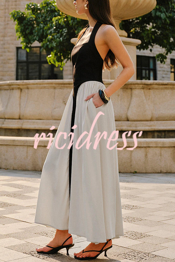 Fashion Contrast Color Stitching Sleeveless Backless Slim Maxi Dress