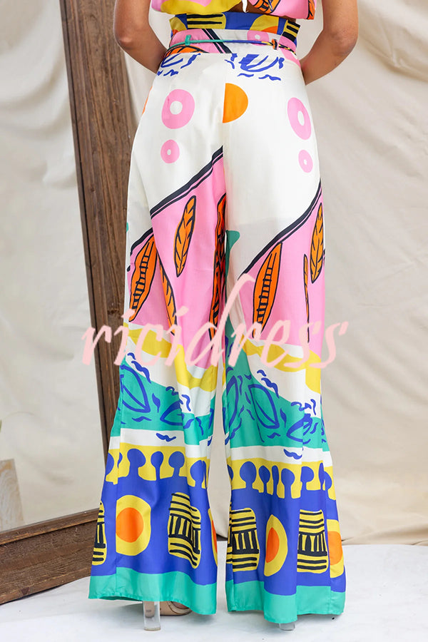 Maison Linen Blend Unique Print High Neck Top and Elastic Tie-up Waist Pocket Wide Leg Pants Set