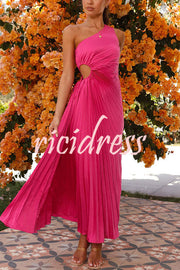 Charming One Shoulder Lace Up Cutout Pleated Maxi Dress