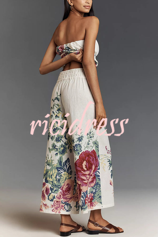 In To The Summer Linen Blend Floral Print Elastic Bandeau and Elastic Waist Pocket Loose Pants Set