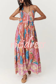 Painter's Garden Boho Floral Print Strappy A-line Maxi Dress