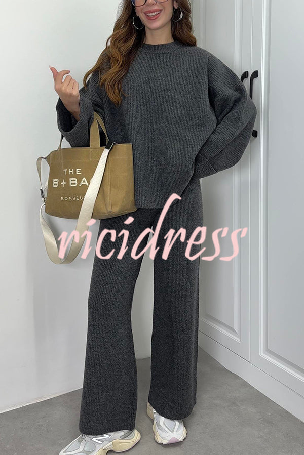 Solid Color Loose Long-sleeved Knit Top and Elastic Waist Casual Straight Leg Pants Set