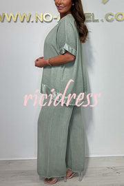 Fashionable V-neck Short-sleeved Loose Top and Elastic Waist Casual Wide-leg Pants Set