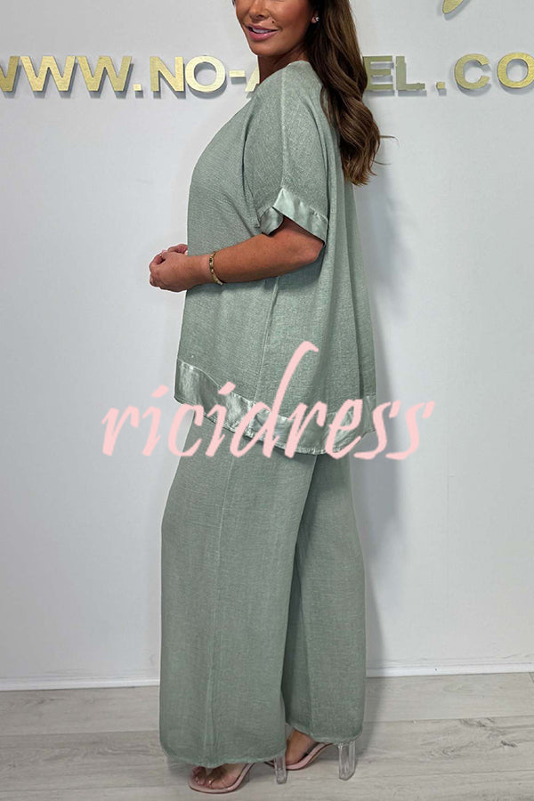 Fashionable V-neck Short-sleeved Loose Top and Elastic Waist Casual Wide-leg Pants Set