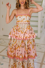 Charming Smile Floral Print Scalloped Lace-trim Back Tie-up Tiered Maxi Dress