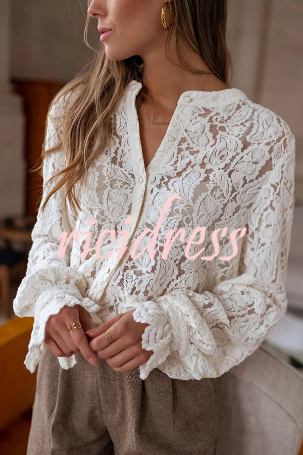 Fashionable Lace Long-sleeved Casual Button-down Shirt