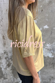 Metallic Solid Color Round Neck Short-sleeved Loose T-shirt