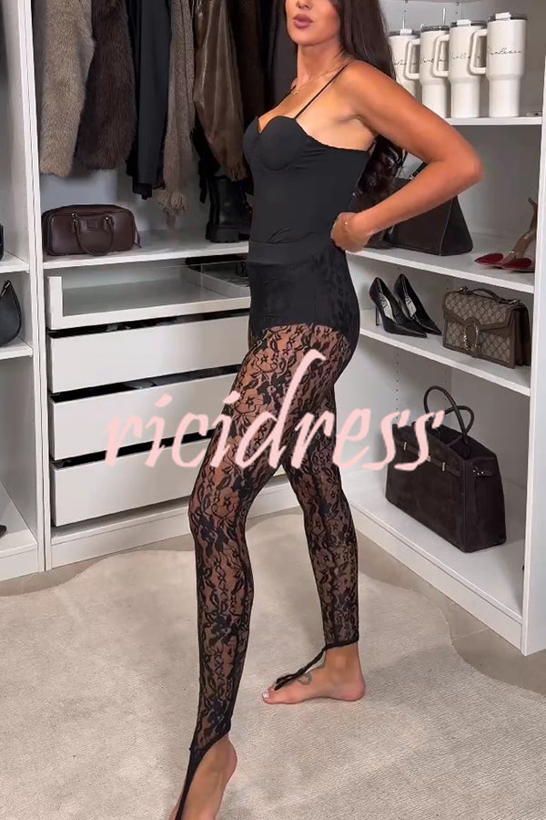 Chic Style Floral Lace See-through High Rise Elastic Waist Tapered Pants