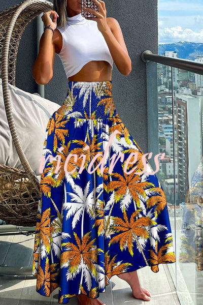 Unique Printed Pleated Elastic Waist Holiday Casual Maxi Skirt