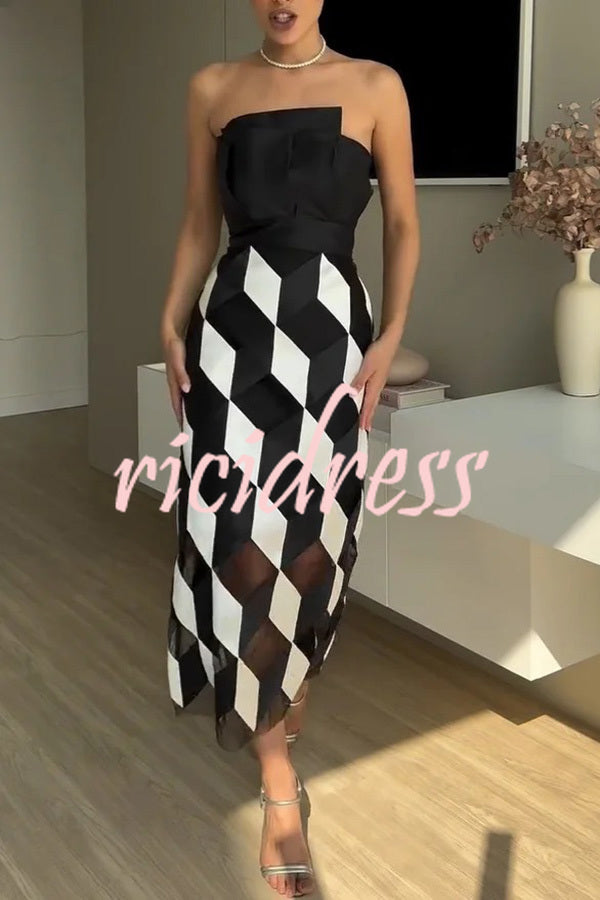 Sexy Tube Top and Backless Rhombus Contrast Midi Dress