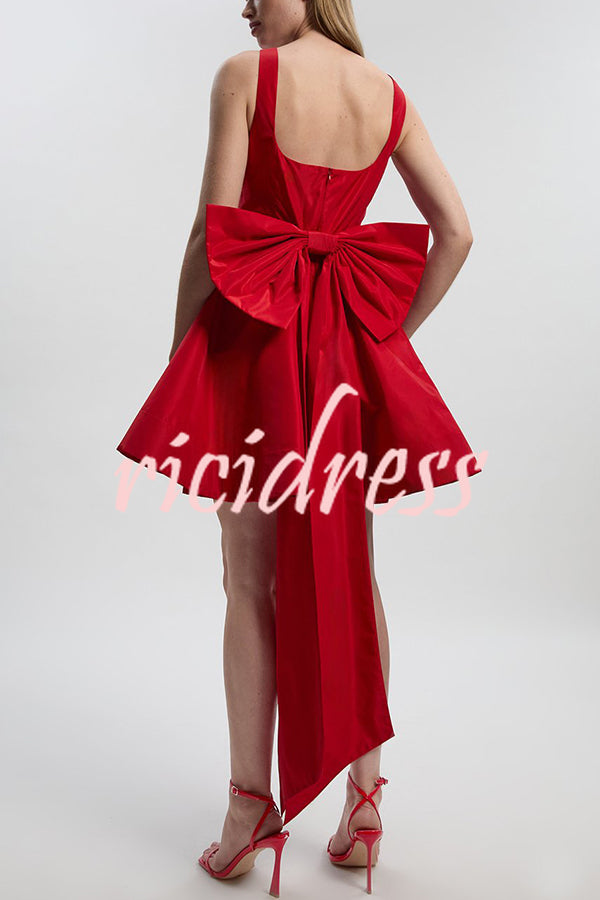 Red Drama Taffeta Square Neck Back Oversized Bow Pocket Mini Dress