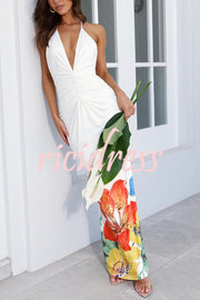 Floral Print Sexy Halterneck Open Back Pleated Slim Maxi Dress