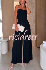 Linen Blend Solid Color Off-the-shoulder Pleated Casual Pocket Wide-leg Jumpsuit