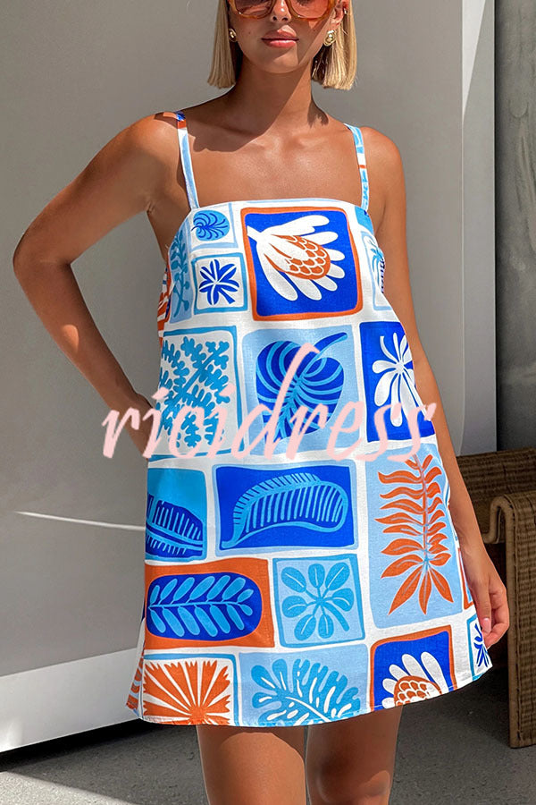 Beach Babe Linen Blend Unique Print Pocketed A-line Mini Dress