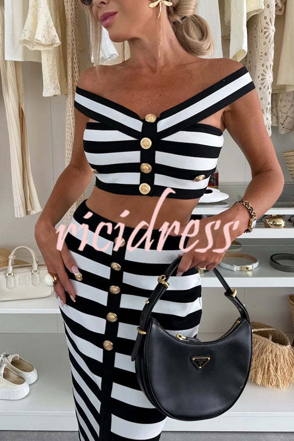 Sexy Elegant Striped Metal Button Off Shoulder Top and High Rise Slit Stretch Skirt Set