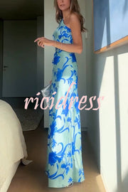Satin Botanical Print One-Sleeve Resort Maxi Dress