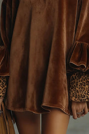 Fashionable Velvet Leopard Print Loose-fitting Turtleneck Long-sleeved Mini Dress