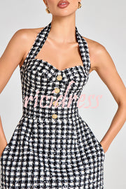 Mila Check Bouclé-tweed Fabric Halter Sweetheart Neck Gold Button Pocketed Mini Dress