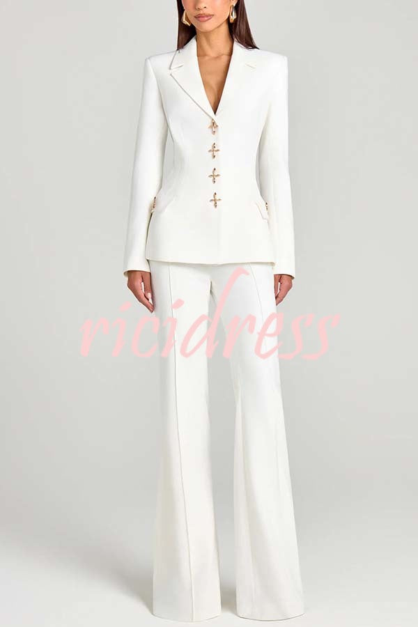 Women Power Metal Cross Snap Button Long Sleeve Lapel Blazer