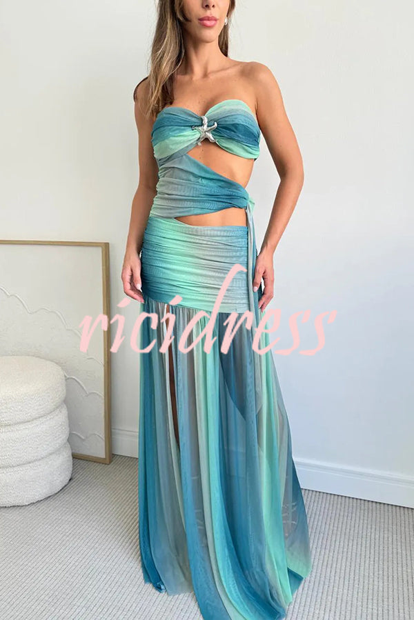 Soleil Mesh Printed Starfish Pendant Ruched Cutout Off Shoulder Maxi Dress