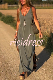 Solid Color V-neck Sleeveless Casual Loose Maxi Dress