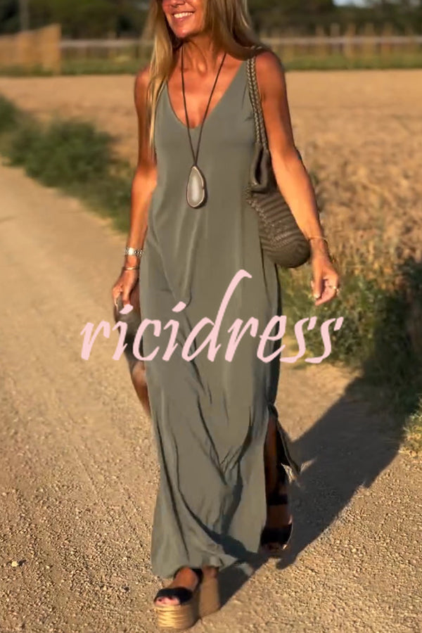 Solid Color V-neck Sleeveless Casual Loose Maxi Dress