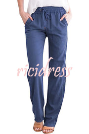 Soft Breathable Solid Color Drawstring Elastic Waist Long Straight Pants