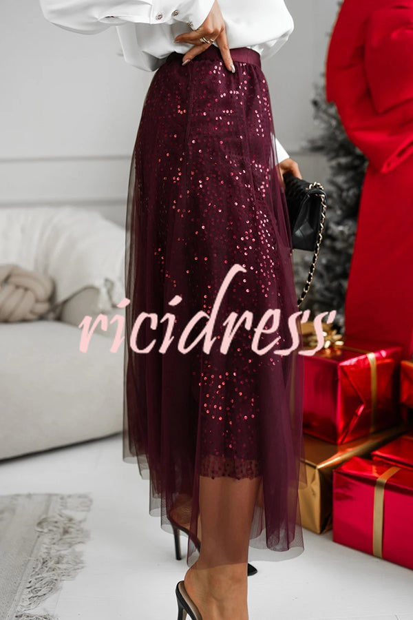 Party Daydream Sequin Tulle High Rise Elastic Waist Maxi Skirt