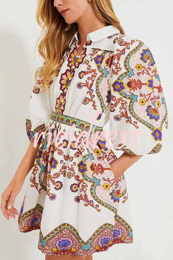 Fun and Vibrant Linen Blend Unique Print Puff Sleeve Pocketed Shirt Mini Dress