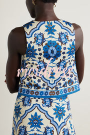 Unique Printed Round Neck Sleeveless Top and Casual Mini Skirt Set