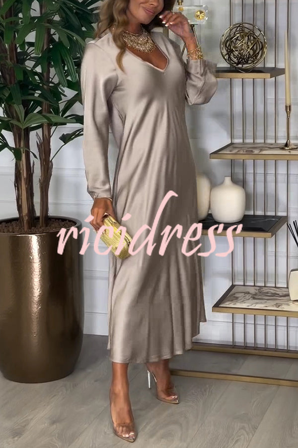 Solid Color V-neck Long-sleeved Loose Draped Maxi Dress