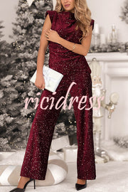 Stylish Sparkly Velvet Sequin Sleeveless Pleated Top and Casual Wide-leg Pants Set