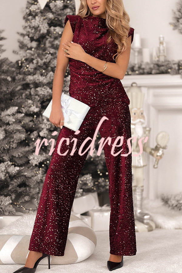 Stylish Sparkly Velvet Sequin Sleeveless Pleated Top and Casual Wide-leg Pants Set