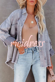 Stylish Lapel Long Sleeve Ripped Denim Jacket