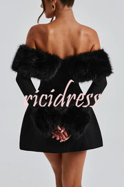 Cute and Luxe Faux Fur Trim Off Shoulder Bubble Shaped Mini Dress