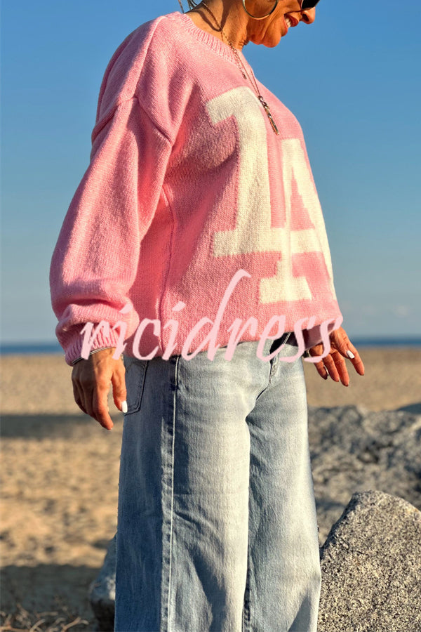 Letter Pattern Crew Neck Long Sleeve Loose Knit Sweater