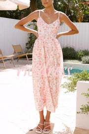Floral Print V-Neck Sleeveless Back Tie Pocket Maxi Dress