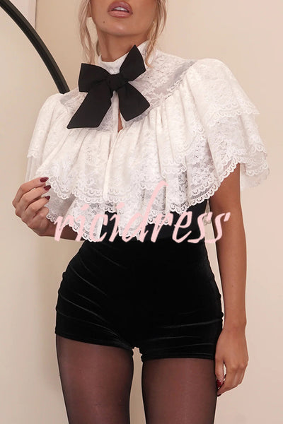 Medieval Style Lace Bow Detail High Neck Open Front Ruffles Cropped Cape Top