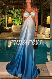 Joceline Satin Gradient Print Metal Decoration Cutout Back Tie-up Vacation Maxi Dress