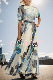 Unique Printed Bohemian Short-sleeved One-shoulder Maxi Dress