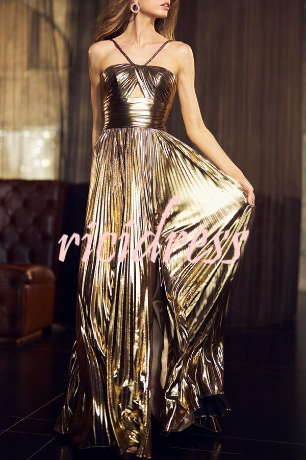 Queen Style Metallic Fabric Cross Neck Cutout Slit Pleated Maxi Dress