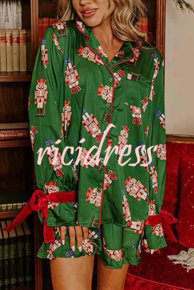 Christmas Dreaming Satin Nutcrackers Print Velvet Trim Elastic Waist Pocketed Pajama Shorts Set