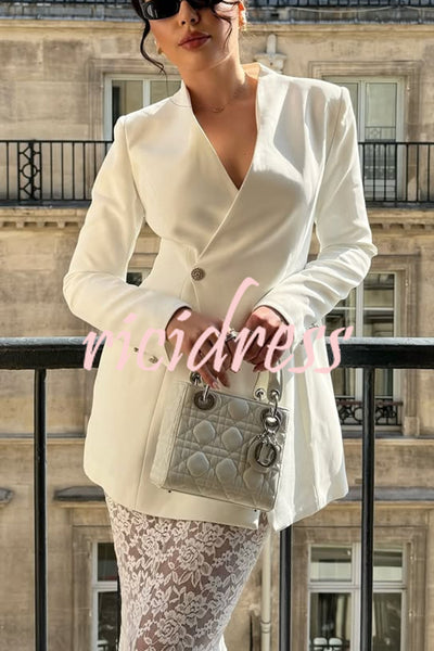 Poetic Muse Stand V-neck Rhinestone Button Up Long Sleeve Blazer